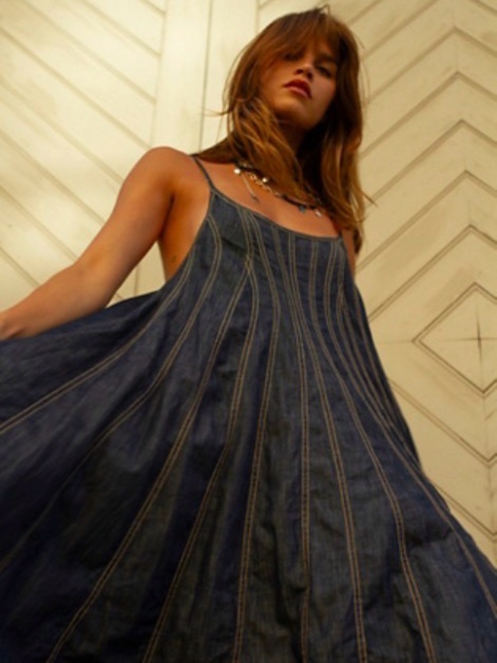 Free People Denim Dreams Midi Dress Dark Blue Denim Tie-Strap | Large